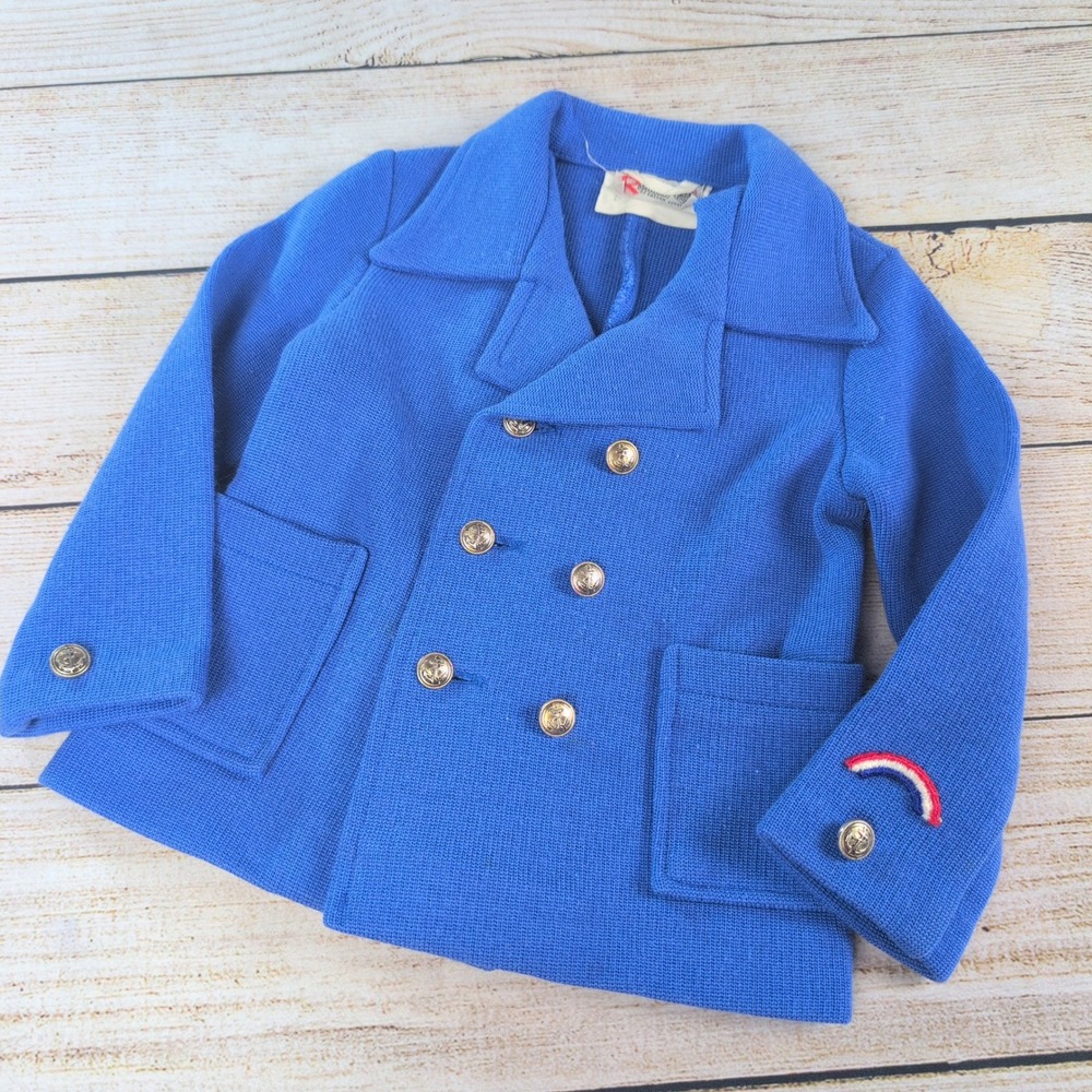 70s Rosendals of Sweden Vintage Kids Knit Pea Coat Blue Anchor Buttons 4t/5